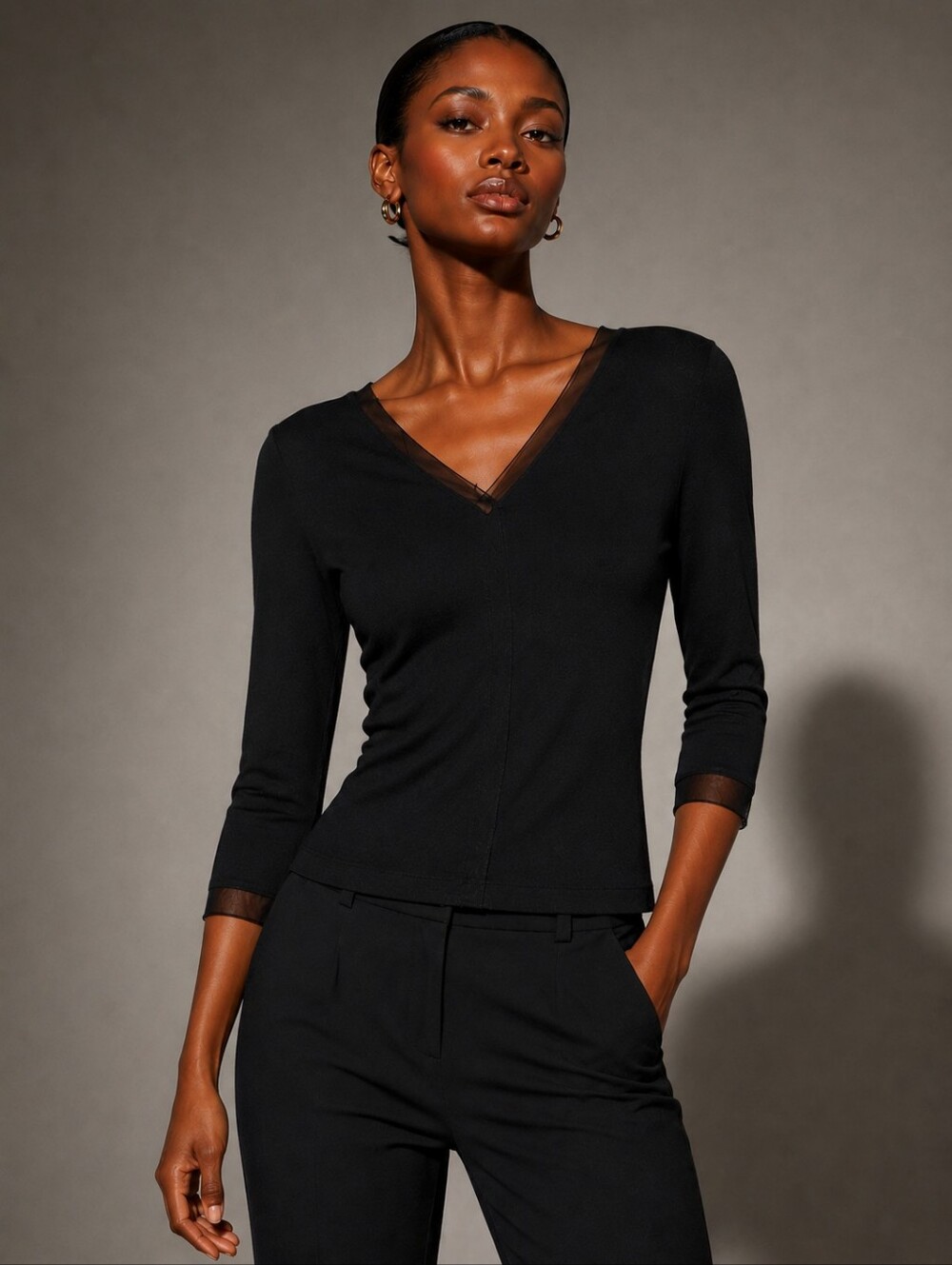 ❤️ PERSAMAN V-NECK MESH TRIM SWEATER TOP, BLACK, MEDIUM